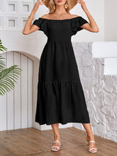 A-Line Loose Elasticity Pleated Ruffled Solid Color Split-Joint Off-The-Shoulder Midi Dresses